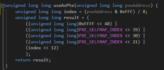 על מנת לחשב את הכתובת הוירטואלית עבורה ה- PXE שלנו ישמש כ- PTE, נשתמש בקטע הקוד הבא: נסביר את החישוב: תחילה, נוסיף את ההרחבה לכתובת קנונית -.