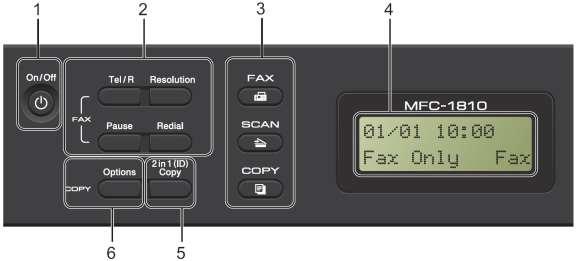 סקירה כללית של לוח הבקרה האיורים של לוח הבקרה במדריך למשתמש זה הם של דגם MFC1810 1 1 הפעלה/כיבוי לחצו על לחצו ממושכות על 2 להפעלת המכשיר. לכיבוי המכשיר.