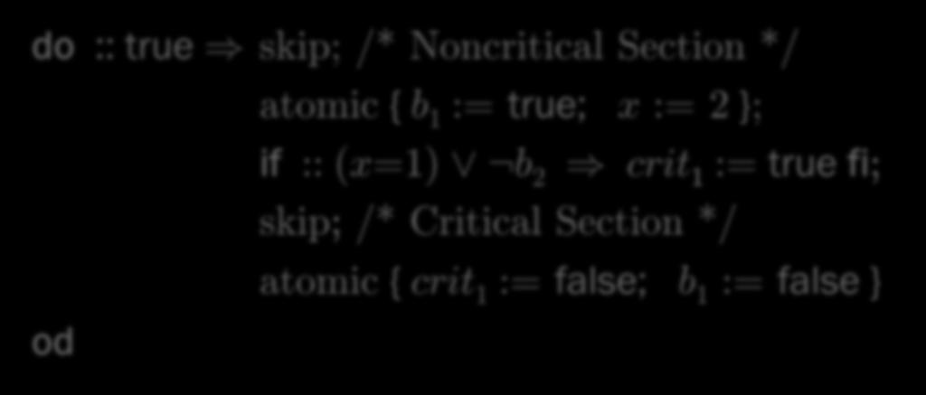 5 דוגמה: האלגוריתם של פטרסון : קוד עבור תהליך P 1 do :: true ) skip; /* Noncritical Section */ atomic { b 1 := true; x