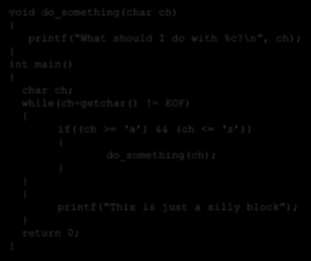 חלוקת קוד עם בלוקים - דוגמא void do_something(char ch) { printf( What should I do with %c?