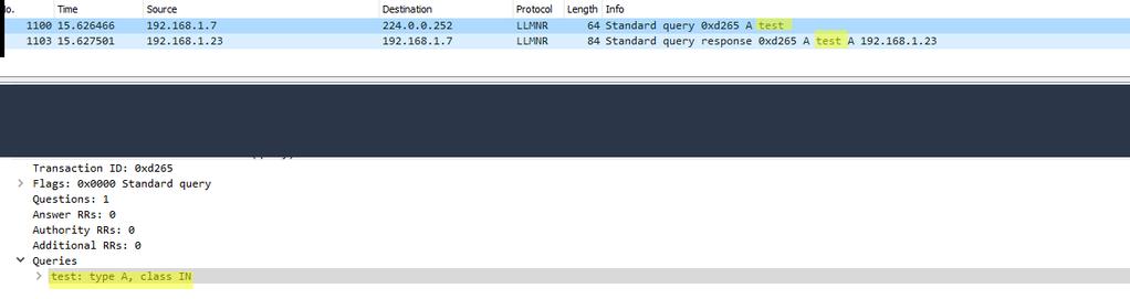 להלן דוגמה לבקשת :LLMNR מה קרה פה בדיוק?. test שאל היכן "192.168.1.7" הבקשה נשלחה אל "244.0.0.252", כתובת ה- Multicast. "192.168.1.23" ענה.