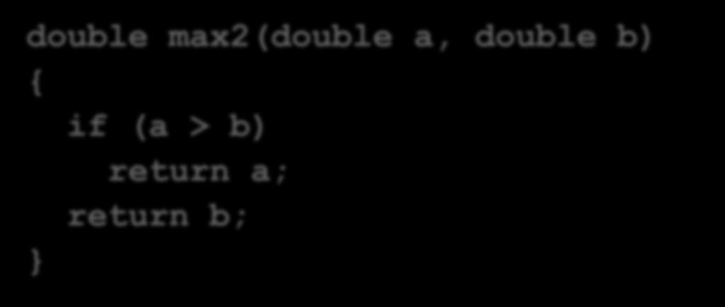 מקסימום מבין שני מספרים הפונקציה הבאה תחזיר את המקסימום מבין שני הערכים שלה: double max2(double a,