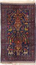 שטיח בלוץ פרסי ישן, בדגם חד-כיווני, עצים ופרחים, על רקע