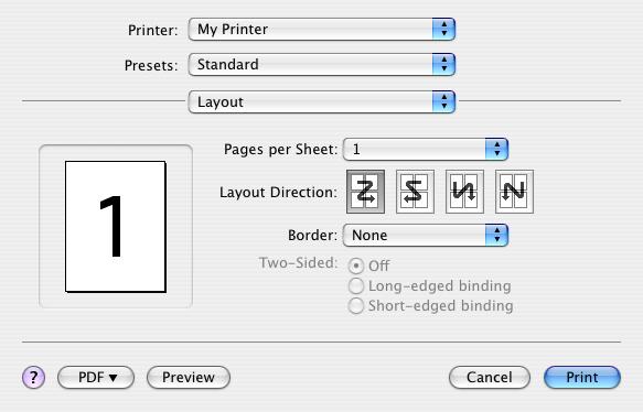 פריסה Pages per sheet (מס עמודים בגיליון) ניתן לכווץ עמודים מרובים ולהדפיסם על-גבי גיליון נייר אחד. לדוגמה, בחירה באפשרות 4-up תגרום להדפסת ארבעה עמודים של המסמך על-גבי גליון נייר אחד.