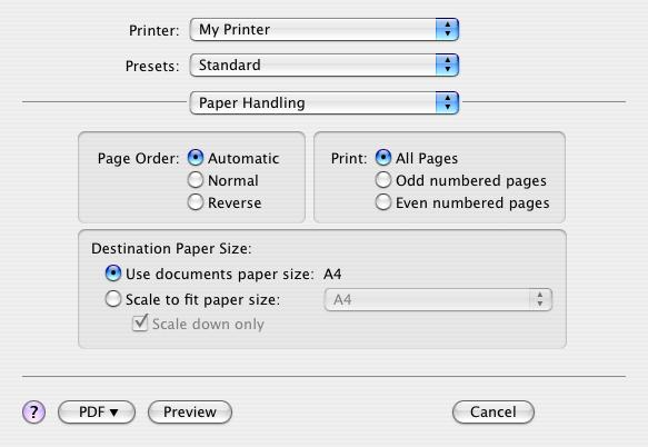 טיפול בנייר Page order (סדר העמודים) ניתן לבחור בהדפסת המסמך לפי סדר העמודים הרגיל (..1,2,3) או בסדר הפוך (3,2,1..). Print (הדפסה) תוכל לבחור האם להדפיס רק עמודים שמספריהם זוגיים, או אי-זוגיים.