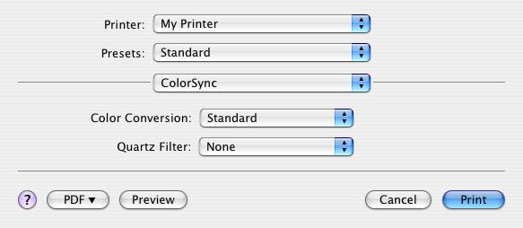 ColorSync Color conversion (המרת צבעים) עבור המרת צבעים, האפשרות היחידה הזמינה בדגם המדפסת שלך היא Standard (רגילה).