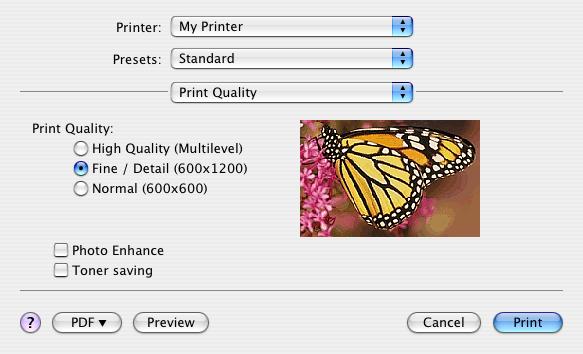 איכות הדפסה Print quality (איכות ההדפסה) כאן ניתן לבחור את רזולוציית ההדפסה. ההגדרה High Quality (Multilevel) (איכות גבוהה ביותר) מפיקה את התמונה הגרפית הטובה ביותר, אך משך ההדפסה ארוך יותר.