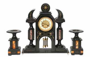44 663. מערכת שעון ו- 2 אלמנטים דקורטיביים צרפתיים. נפוליאון ה 3, 1890 בקירוב. 2 סוגי שייש.
