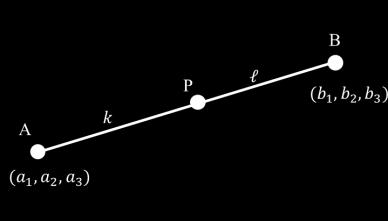 חלוקת קטע ביחס נתון, AP PB = k l ( k b 1 + l a 1, k b 2 + l a 2 k + l k + l, k b 3 + l a 3 ) k + l נקודת מפגש תיכונים.