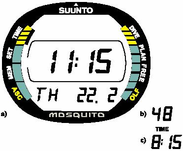 2.4. מצב שעון תצוגת זמן ל- Mosquito תצוגת זמן כפולה, תאריכון, שעון עצר (טיימר) ושעון מעורר. התאריכון ושעון העצר מופעלים במצב שעון (תצוגת זמן).