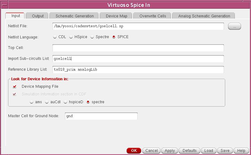 בחלון הראשי של התוכנה לחץ על.File import Spice חלון ה- In Spice יפתח: Spice-In Menu בלשונית ה- input, יש לרשום את שם הקובץ ב-.Netlist File יש לסמן SPICE ב- Netlist.