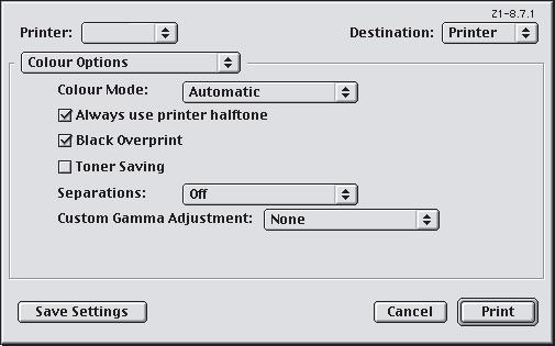 MAC OS 9.1 בחר [File] (קובץ) [Print] (הדפסה). 1 2 3 2. מתפריט [Printer] (מדפסת) (1), בחר בדגם המדפסת שלך..3 בחר Options] [Colour (אפשרויות צבעים).(2) 4.