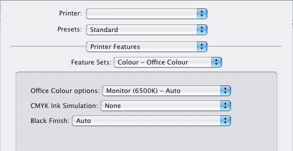 MAC OS X (OFÞCE COLOUR) 1. מתפריט [File] (קובץ), בחר באפשרות [Print] (הדפסה). 1 2 3 4 2. מתפריט [Printer] (מדפסת) (1), בחר במדפסת שלך. 3. בתפריט הבא (2), בחר Features] [Printer (מאפייני מדפסת).