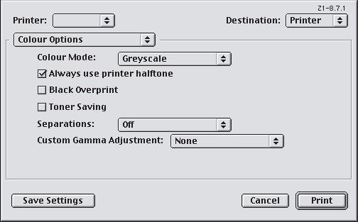 MAC OS 9 1. בתוכנת היישום, בחר [File] (קובץ) [Print] (הדפסה). 1 2 3 4 2. מתפריט [Printer] (מדפסת) (1), בחר במדפסת שלך. 3. בתפריט הבא (2), בחר Options] [Colour (אפשרויות צבע). 4. מתפריט Mode] [Colour (מצב צבע)( 3 ), בחר [Greyscale] (גווני אפור).