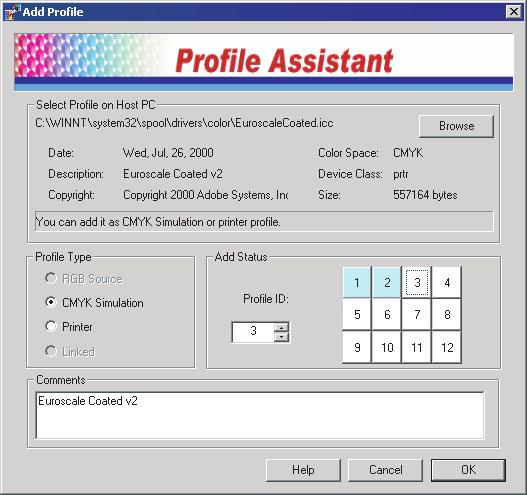 3. המסך הראשי של ProÞle Assistant (סייען הפרופילים) מציג את הפרופילים הנמצאים בדיסק הקשיח של המדפסת שנבחרה. להורדת פרופיל חדש למדפסת: א. לחץ על [Add] (הוספה). ב. בחר פרופיל ICC מהדיסק הקשיח במחשב שלך.