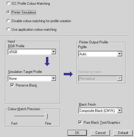 בכרטיסייה [Colour] (צבע) של מנהל המדפסת, בחר Pro] [Graphic (1) ולחץ על [Options] (אפשרויות). 1 2 3 5 4.2 בחר Simulation] [Printer (הדמיית מדפסת).(2) 3.