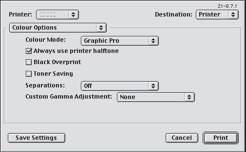 MAC OS 9 / CLASSIC אם אתה משתמש במסמך מקור,RGB בצע הדמיית פלט של מדפסת אחרת באמצעות ביצוע הבחירות הבאות במנהל המדפסת:.1 בחר [File] (קובץ) [Print] (הדפסה). 2.