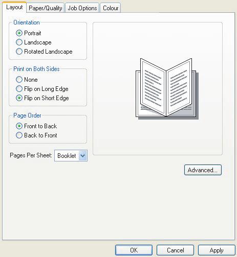 WINDOWS POSTSCRIPT Windows2000/XP/Server2003) בלבד) 1. בכרטיסייה [Layout] (פריסה) של מנהל המדפסת, בחר [Booklet] (חוברת) מהרשימה הנפתחת Sheet] [Pages Per (דפים לגיליון). 2.