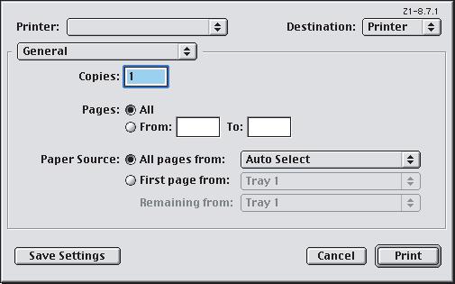 MAC OS 9.X.1 בחר [File] (קובץ) [Print] (הדפסה). 1 2 3 2. מתפריט המדפסת (1) בחר בדגם של המדפסת שלך. 3. בחר באפשרות [General] (כללי) (2).
