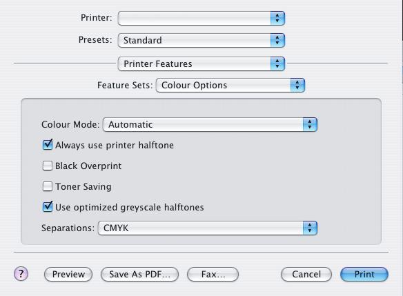 OS X MAC OS.1 בחר [File] (קובץ) [Print] (הדפסה). 1 2 3 4 2. מתפריט המדפסת (1) בחר בדגם המדפסת שלך..3 בחר Features] [Printer (מאפייני מדפסת).(2) 4.