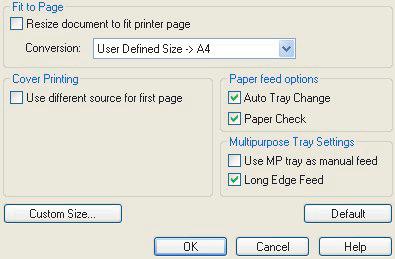 בחלון Options] [Paper Feed (אפשרויות הזנת נייר), לחץ על Size] [Custom (גודל מותאם אישית).