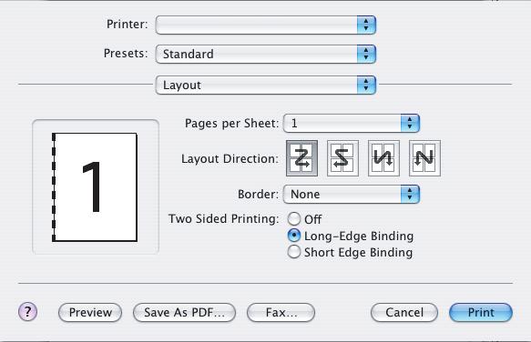 OS X MAC OS 1. בתוכנת היישום, בחר [File] (קובץ) [Print] (הדפסה). 1 2 3 2. מתפריט [Printer] (מדפסת) (1), בחר בדגם המדפסת שלך. 3. בחר באפשרות [Layout] (פריסה) (2).