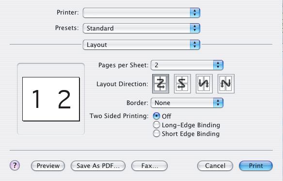2. מתפריט [Printer] (מדפסת) (1), בחר בדגם המדפסת שלך. 3. בחר באפשרות [Layout] (פריסה) (2). 4. מתפריט Sheet] [Pages per (עמודים לגיליון) (3), בחר במספר העמודים שברצונך להדפיס בגיליון אחד. 5.