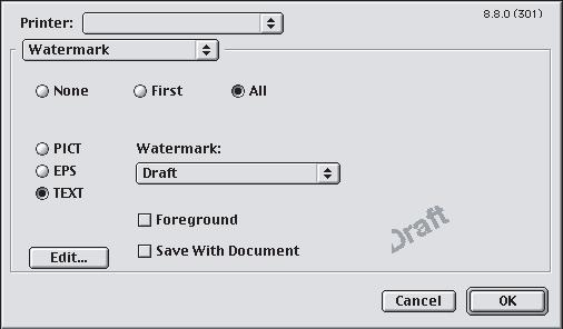 MAC OS 9 האיורים הבאים מציגים את מנהל המדפסת.Adobe PostScript אין אפשרות להגדיר סימני מים במנהל המדפסת.Apple LaserWriter 1.