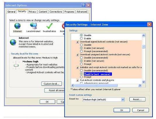 >Custom Level->ActiveX control ותוכנות תקע. יש לקבוע שלוש אפשרויות חזית כ- "מאופשרות", תוכנות ActiveX הנקראות באמצעות המחשב, יאוחסנו. כדלהלן: אפשר: להוריד לחצני בקרת ActiveX לא חתומים.