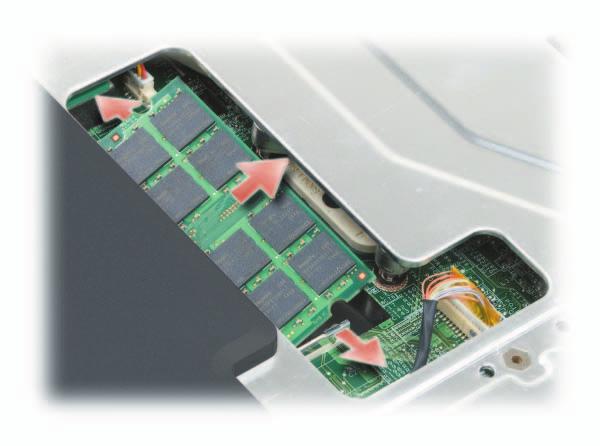 2 תפסי אבטחה של מודול זיכרון (2) 1 מודול זיכרון A) (DIMM התקנה חזרה של מודול הזיכרון DIMM A הודעה: כדי למנוע פריקה אלקטרוסטטית, פרוק מעצמך חשמל סטטי באמצעות רצועת הארקה לפרק היד או נגיעה במשטח מתכת