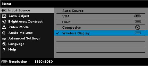 הגדרת המתאם לצג האלחוטי 1 הדלק 1 את המקרן. 2 עבור 2 אל המקור Display" "Wireless )צג אלחוטי(.