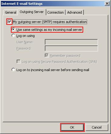 בחלון "הגדרות נוספות" עבור לחוצץ Server" "Outgoing / "שרת דואר יצא" סמן ב- V את האפשרות authentication" "My