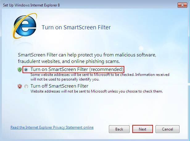11. בחר האם להפעיל אפשרות של מסנן SmartScreen המספקת