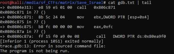 וכך הוא מסתיים: אפשר לראות שהתוכנה מתחילה מריצה במרחב 0x00CXXXXX ומסתיימת בריצה במרחב.0x08XXXXXX אם כך אולי הכתובת המסתורית הופכת להיות זמינה רק מאוחר יותר? זה מסתדר עם הקריאה ל- mmap שראינו קודם.