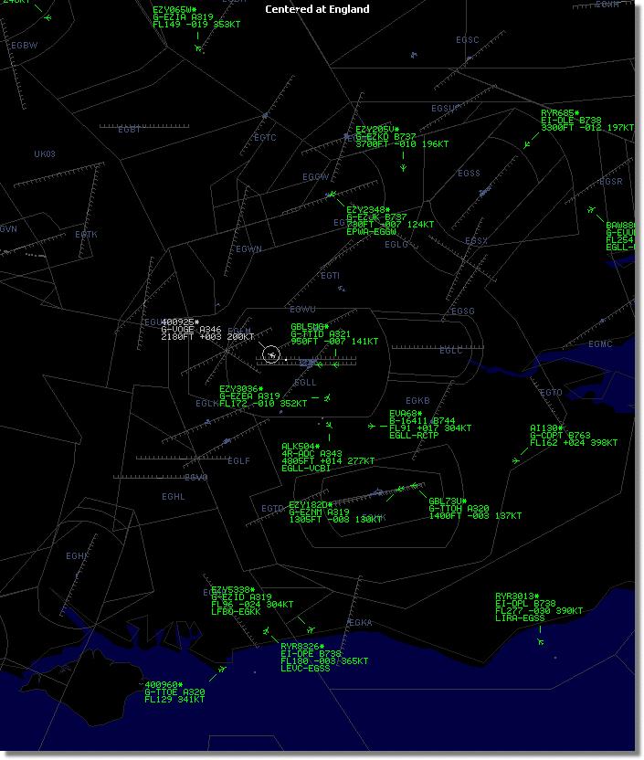 AirNav RadarBox Help בתמונה : פרוט קווי מתאר באזור שדה התעופה הת'רו שבלונדון : לאחר שהורדת או יצרת קובץ קווי מתאר בד"כ בנתיב RadarBox 2009, לך אל התיקיה של 1.