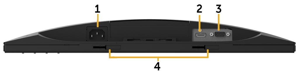 :E2318HN / E2318HX / E2318HR תווית תיאור שימוש לחיבור כבל החשמל של הצג. לחיבור המחשב אל הצג באמצעות כבל.HDMI לחיבור המחשב אל הצג באמצעות כבל.VGA לחיבור Dell Soundbar האופציונלי.