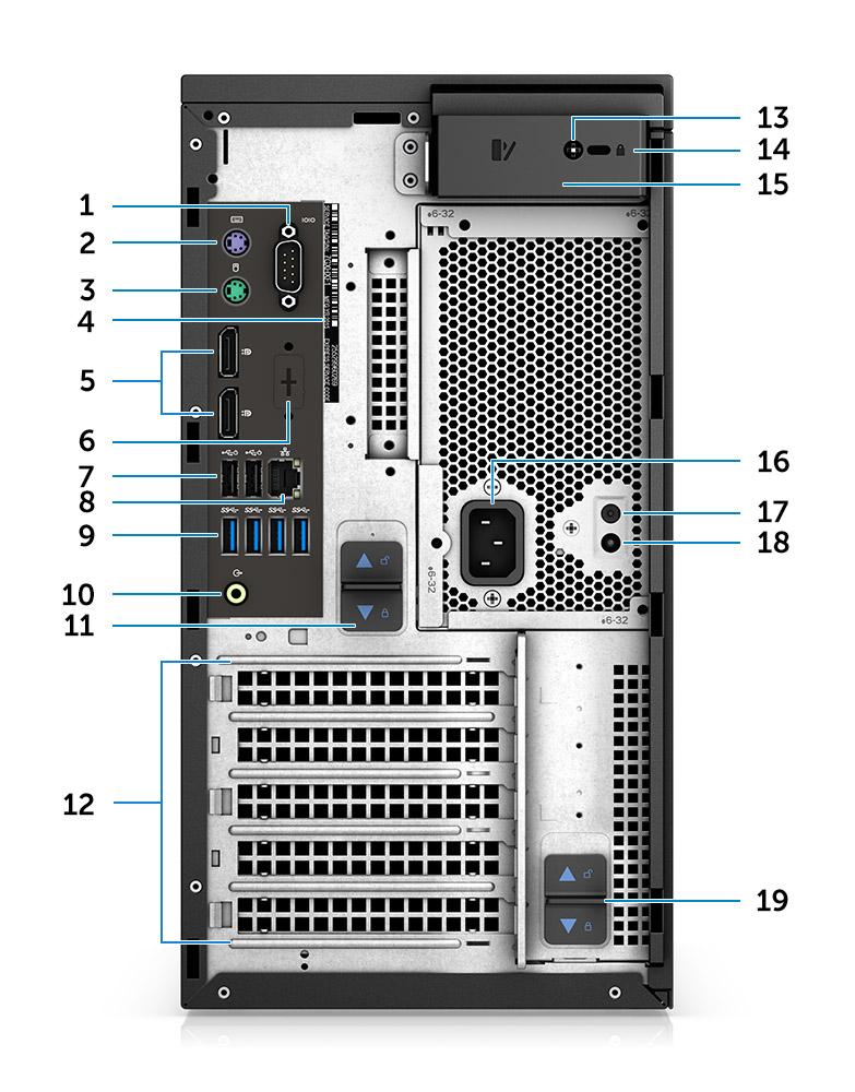 מבט אחורי 2. יציאת PS2 (מקלדת) 4. תווית תג שירות 6. מציין מיקום עבור לוחות בת אופציונליים של Type-C,HDMI,DP,VGA 8. מחבר רשת RJ45 (מהירות עד (1000Mbps 10. יציאת שמע Line-out 12.