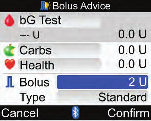 אספקת בולוס 6 2 1 2 3 4 5 6 תוצאת בדיקת סוכר בדם 1. אינסולין פעיל 2. הזנת פחמימות 3. הזנת אירוע בריאותי 4. כמות בולוס כוללת 5. סוג בולוס 6.