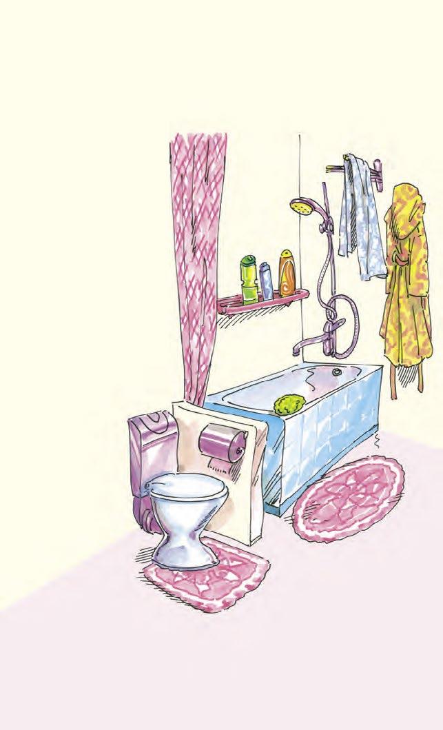 12 KOUPELNA A ZÁCHOD מכשיר גילוח [machšir giluach] holicí strojek מקלחת [miklachat] sprcha שמפו [šampo] šampon ספוג [sfog] mycí