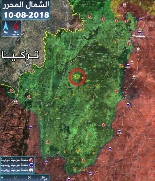 מ ר א ס ל ו ן, 9 ב א ו ג ו ס ט( אלערביה אלחדת ', 8 באוגוסט; 6 אזורי השליטה באזור אדלב ) עדכני ל- 10 באוגוסט ( 2018 סוריה. צבא והכוחות המסייעים לו (באדום).
