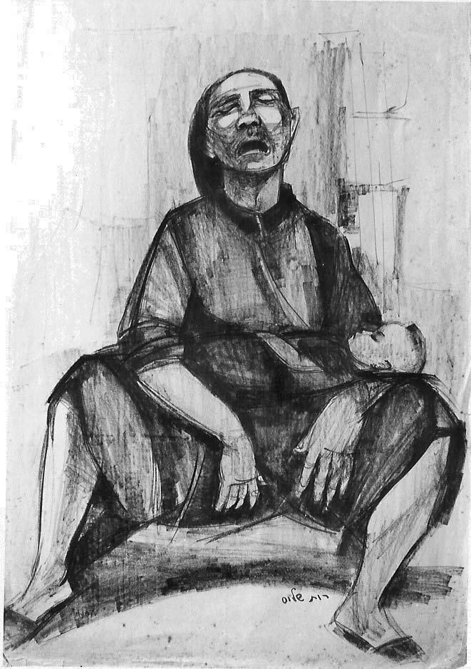 ציירות ופסלות בשולי "הסצנה" האמנותית 69 תמונה 3: רות שלוס, אמא וילד, 1953, דיו מדולל על ניר, 70X50, אוסף האמנית. שלוס עדיין מעורבת פוליטית וחברתית ועדיין מציירת בעוצמה רבה.