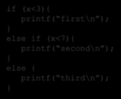 משפטי תנאי חפשו את ההבדלים: if (x<3){ printf( first\n ); else if (x<7){ printf( second\n ); else {