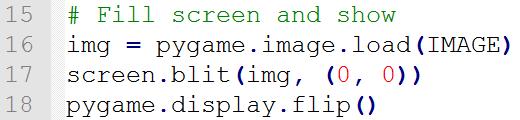 170 פרק 11 OOP מתקדם (תכנות משחקים באמצעות (PyGame שורה 17 טוענת את התמונה לתוך האובייקט,screen החל ממיקום (0,0).