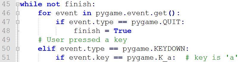 182 פרק 11 OOP מתקדם (תכנות משחקים באמצעות (PyGame קבלת קלט מהמקלדת קבלת קלט מהמקלדת דומה למדי לקבלת קלט מהעכבר. גם כאן, אנו מחפשים eventים בתוך הרשימה שחוזרת מקריאה ל-() PyGame.event.get, רק שהפעם נחפש ארועים שקשורים למקלדת.