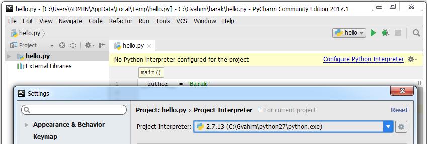 30 פרק 2 סביבת עבודה PyCharm הרצת הסקריפט ומסך המשתמש סביבת ההתקנות של גבהים אמורה להתקין ולאפשר לכם עבודה מיידית בלי צורך בהגדרות נוספות, אולם אם מופיעה לכם שגיאה מסוג project","no Python