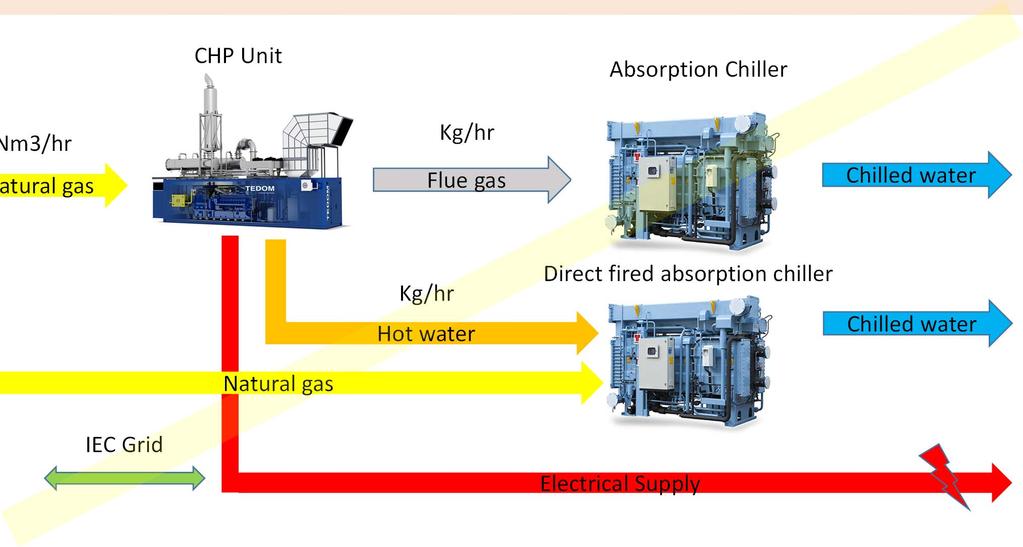 gas engine + direct fired absorption unit CHP Unit Absorption Chiller Nm3/hr Natural gas Kg/hr Flue gas Chilled