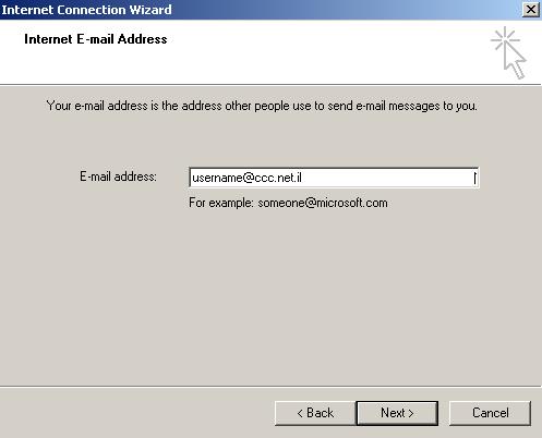 בחלון הבא נזין את כתובת דואר האלקטרוני שלנו, הזהה לשם המשתמש בתוספת @ccc.net.