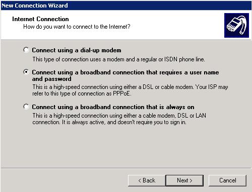 במסך הבא נבחר באופציה השנייה, Connect using a broadband connection that requires a user.next ונלחץ על,name and password נקצה שם לחייגן, לדוגמא:.CCC נלחץ על.