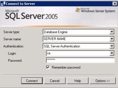 חלון מס' 2: בחלון Server' 'Connect to שנפתח, יש להזין את הפרטים לפי צילום המסך הבא: בשדה Type' 'Server יש לבחור ב- ' Database.'Engine בשדה name' 'Server יש להזין את שם השרת או כתובת ה- IP שלו.