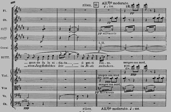 דוגמא מס' 11: מאדאם בטרפליי, מערכה שנייה, מס' 11. תיאור תזמורתי של אדום החזה. ציוץ אדום החזה. ניפנוף הכנפיים.